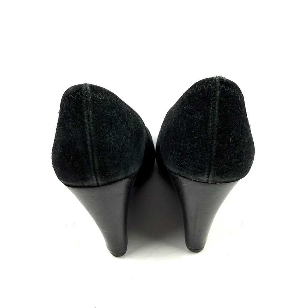 Tory Burch Sophie Wedge 6.5‎ Black Suede Slip On Heels Silver Logo